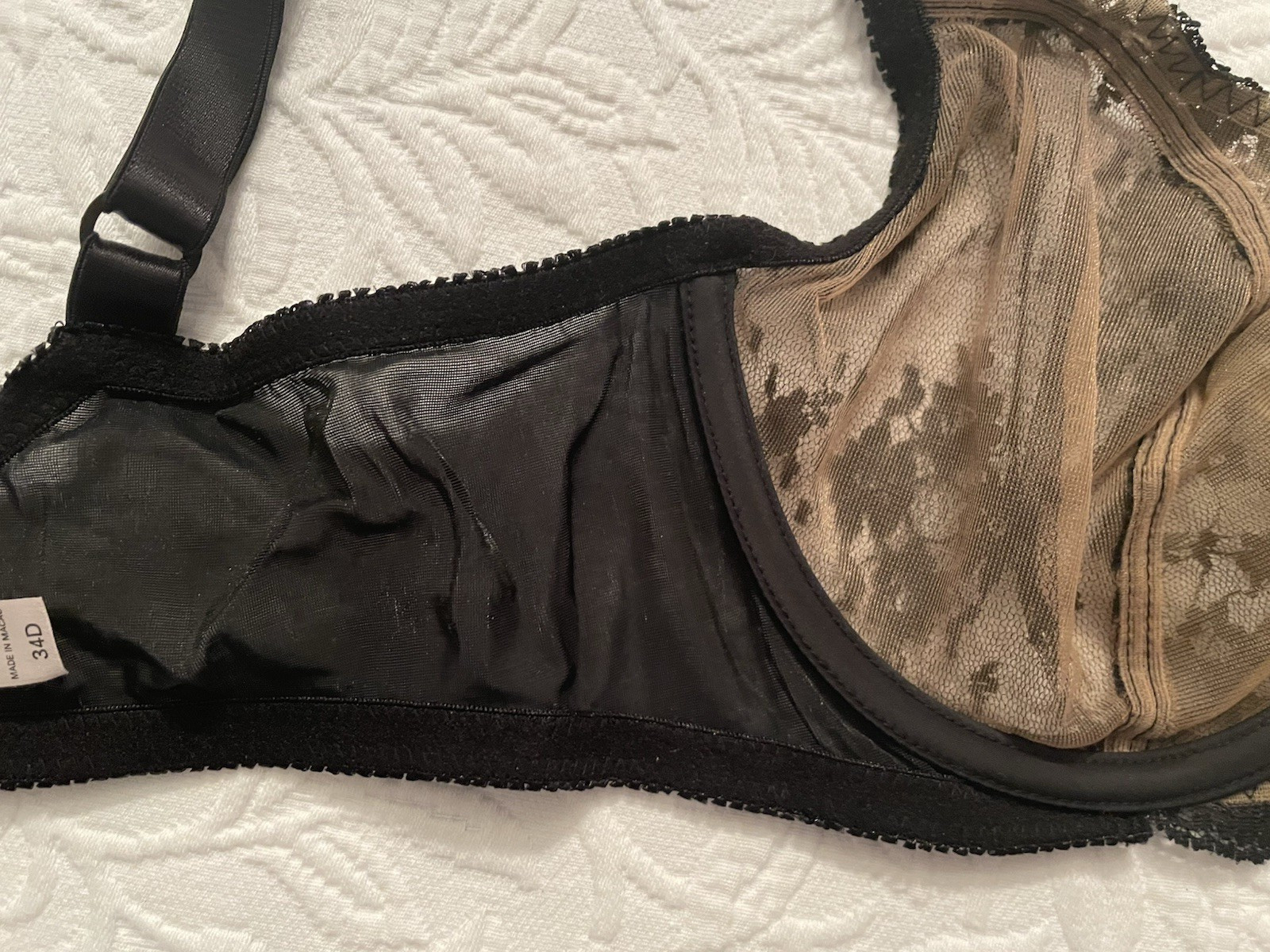 VTG Victoria Secret Bra 34D black floral lace underwired unlined 2001