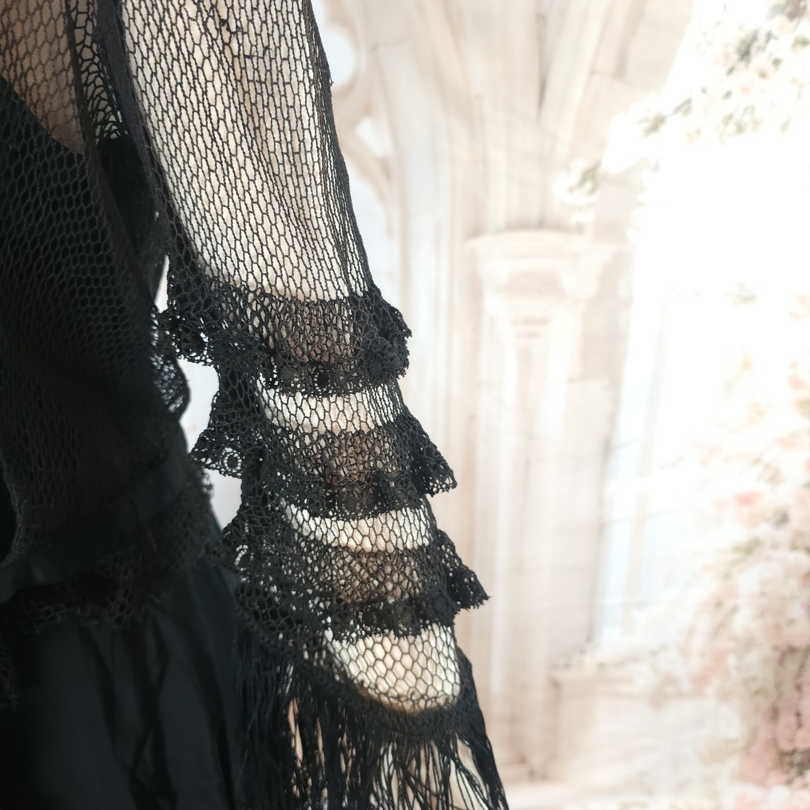Black Crochet Lace Blouse Fringe Tassels Antique Victorian Edwardian Top Shirt