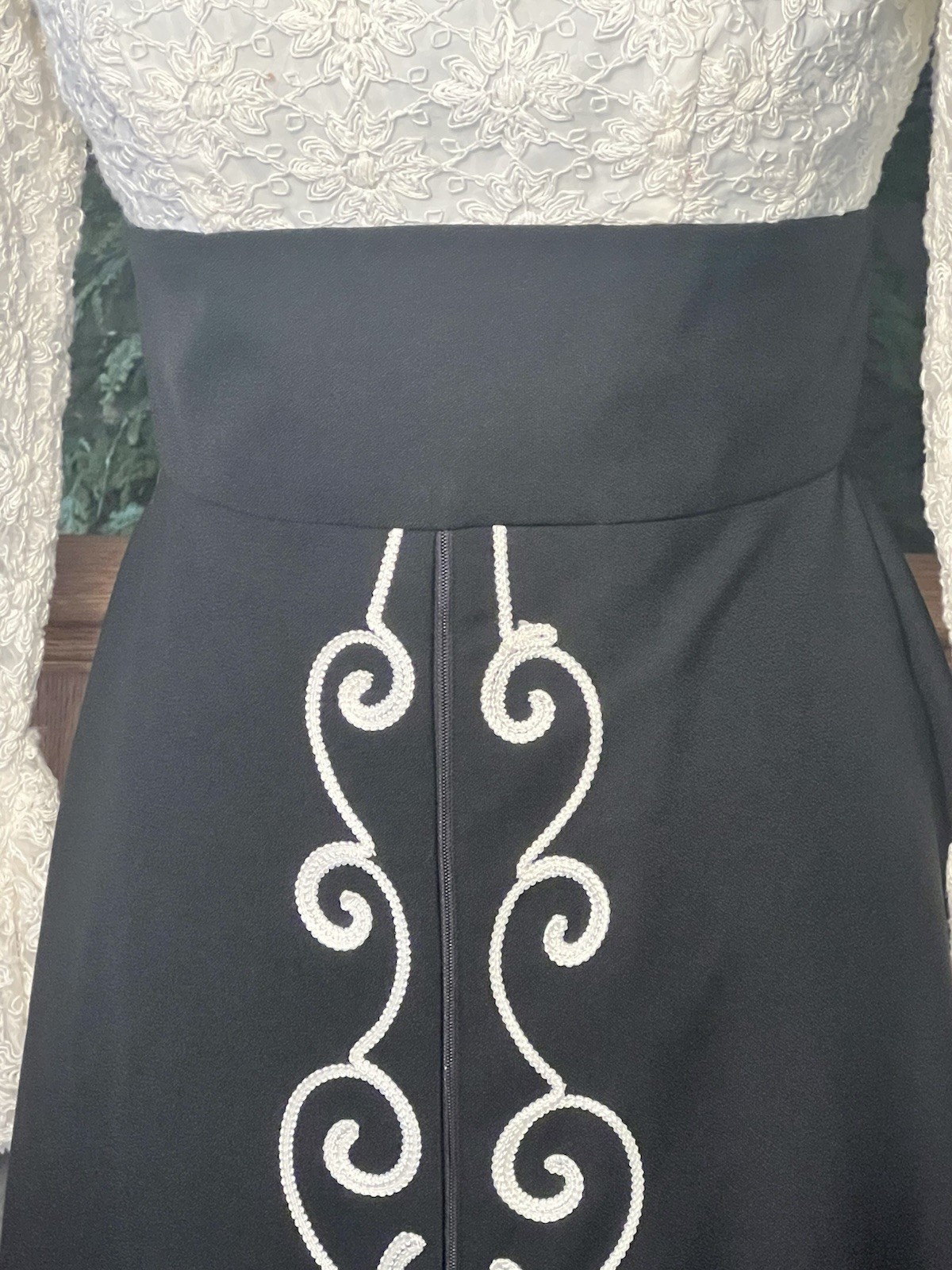 Vintage Custom Made Black Ivory Lace Maxi Dress Front Zip Mod Boho Prairie
