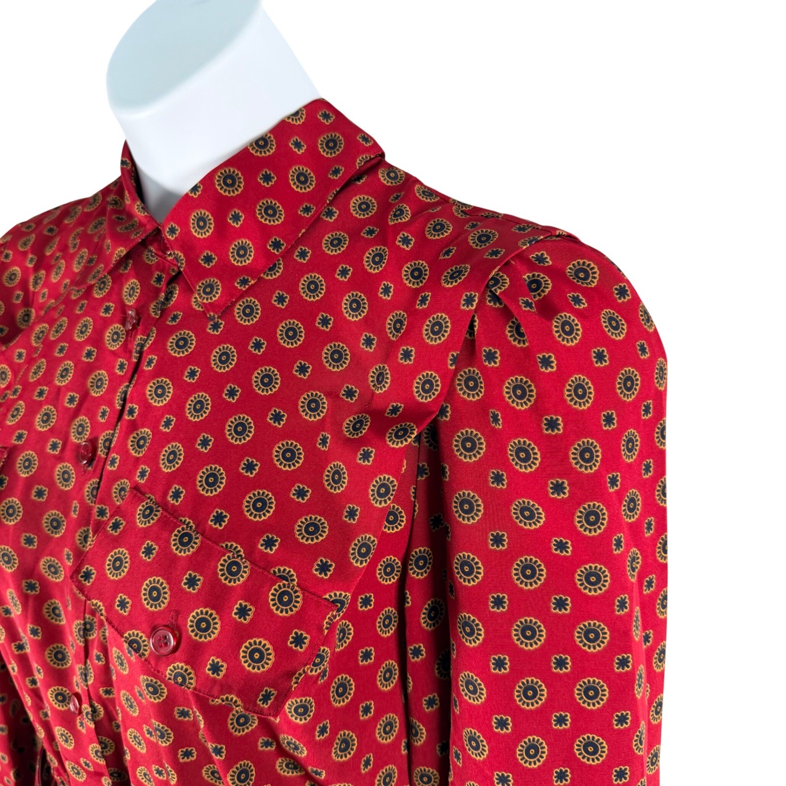 Appleseeds Vintage Red Medallion Print Pleated Midi Shirt Dress 12P Belted