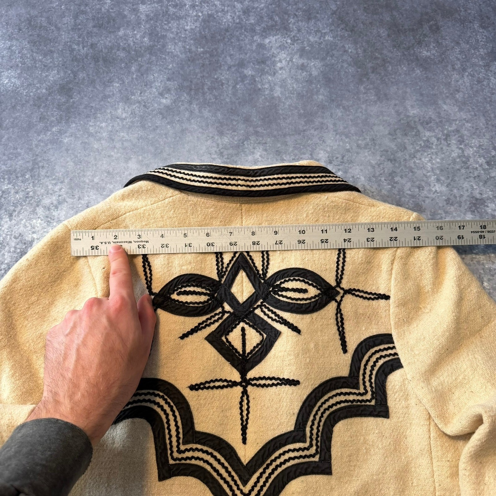 Vintage Soutache Embroidered Wool Jacket Beige Black Western Boho Cropped Blazer
