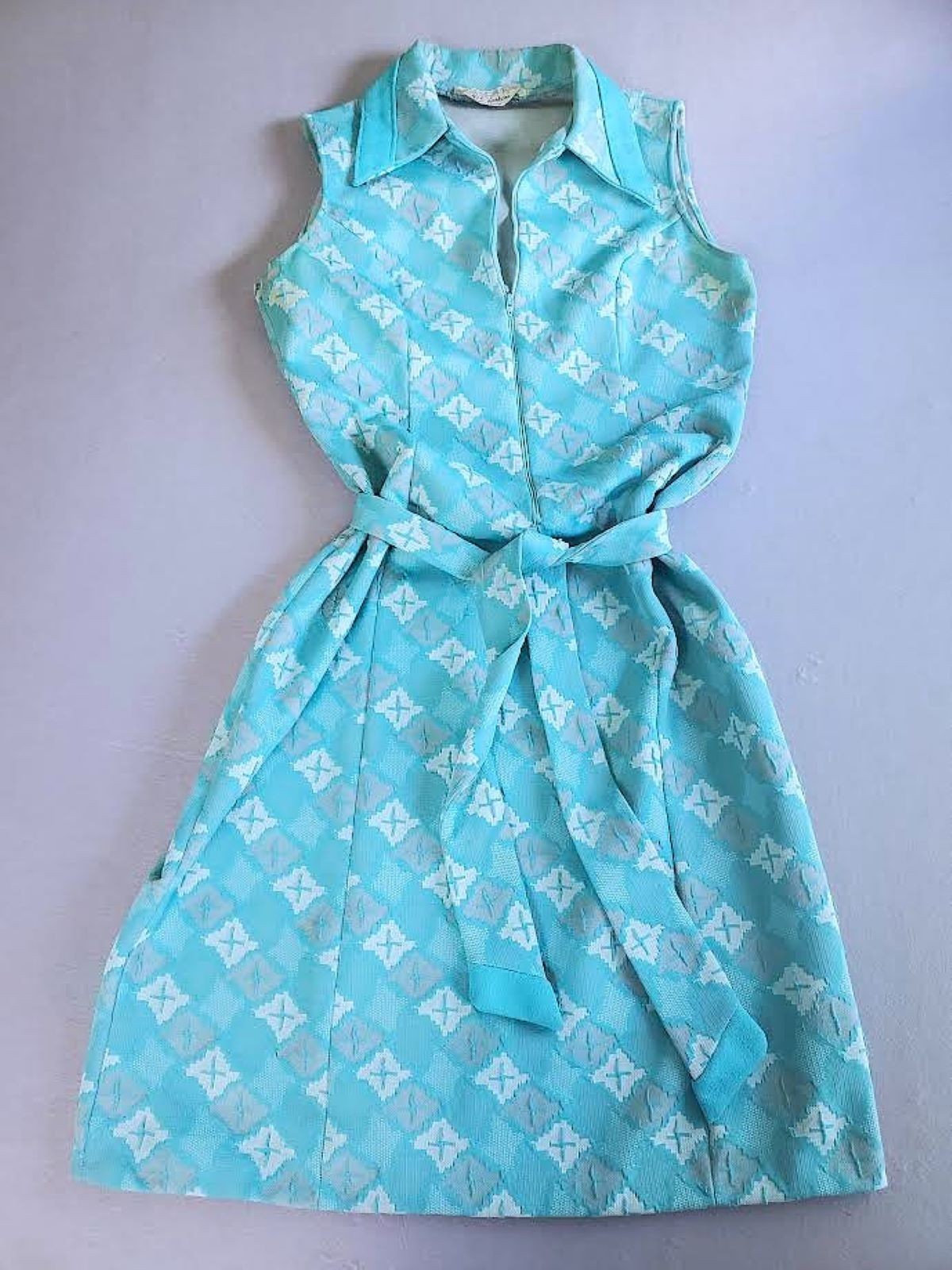 VTG 1970S Geometric Double Knit Shift Dress, Aqua/White Sleeveless Mod Tie L 12