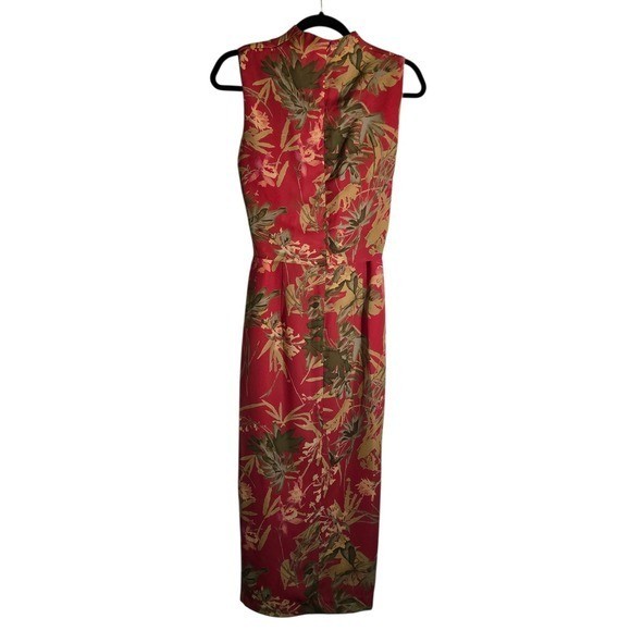 David Warren Vintage Red Tropical Floral Sleeveless Maxi Dress Tie Waist Sz 10