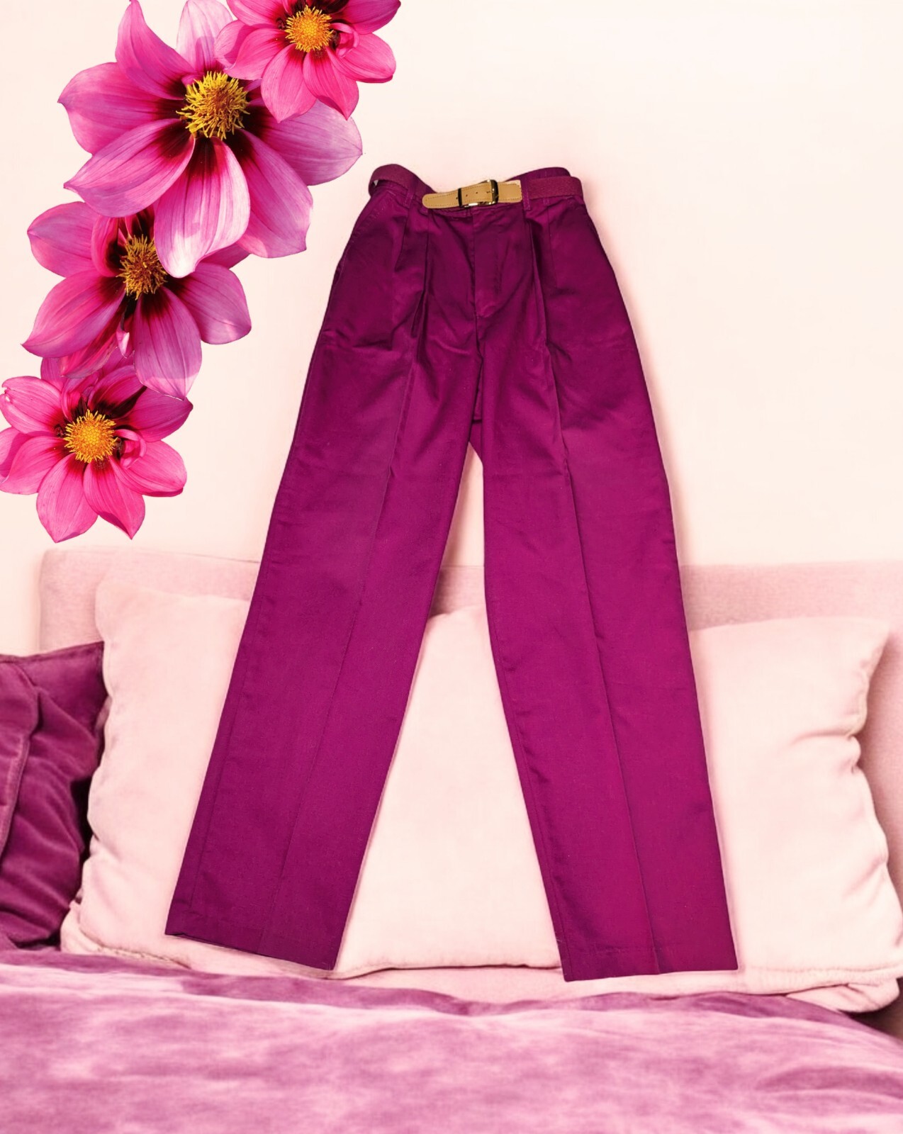 Vintage CHIC Pleated MAGENTA Pink Dress Pants Belt ELASTIC WAIST Womens Size 12