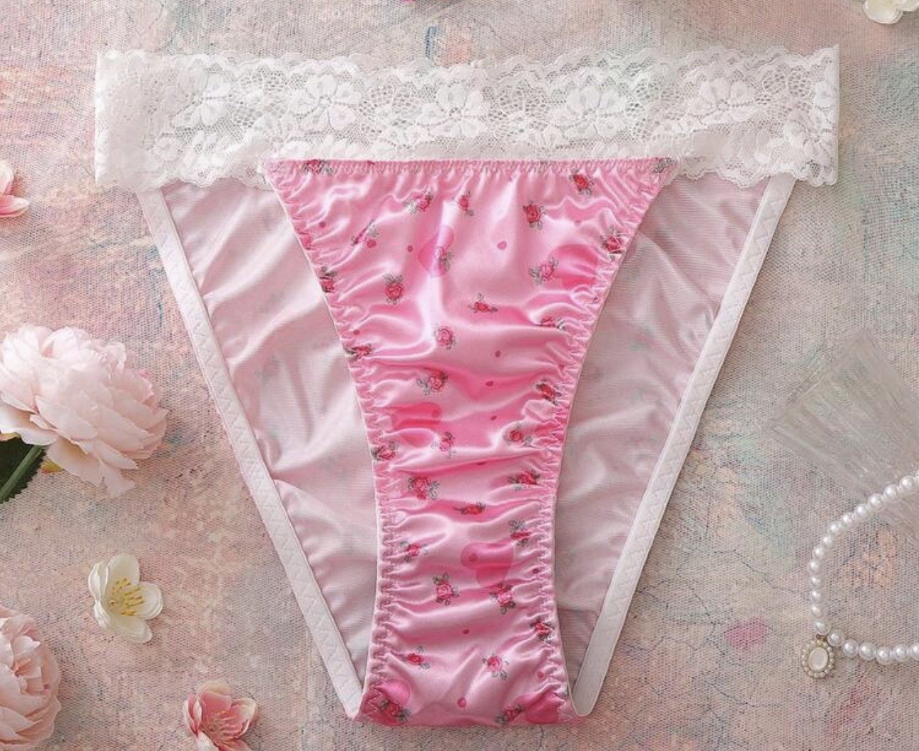 Glossy Pink Floral 2nd Skin Satin Lace Waistband Hi-Cut Rio Panties L NEW