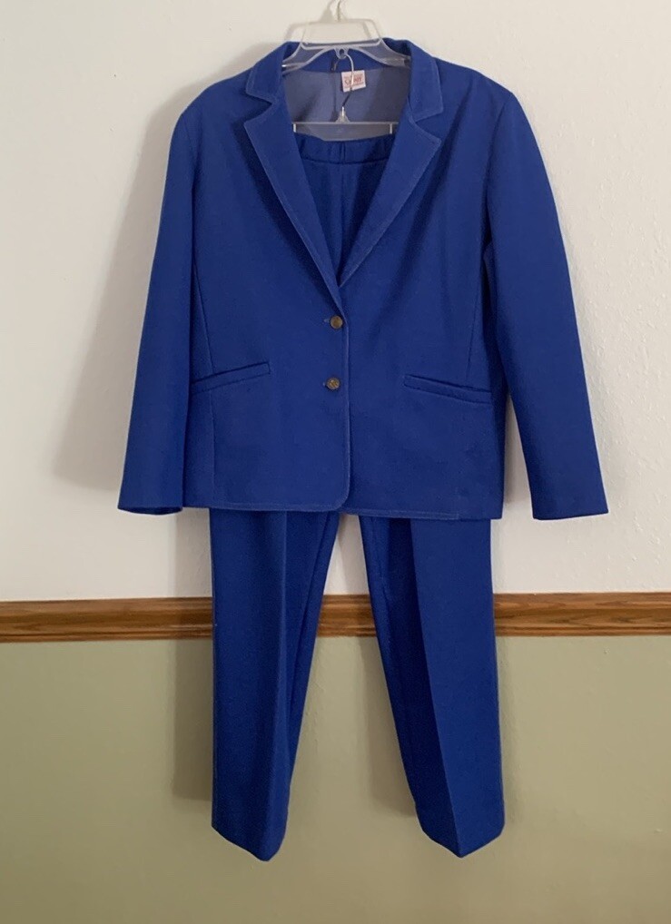 Vintage Graff California Blue Polyester Pleated Pull-on PantSuit Large