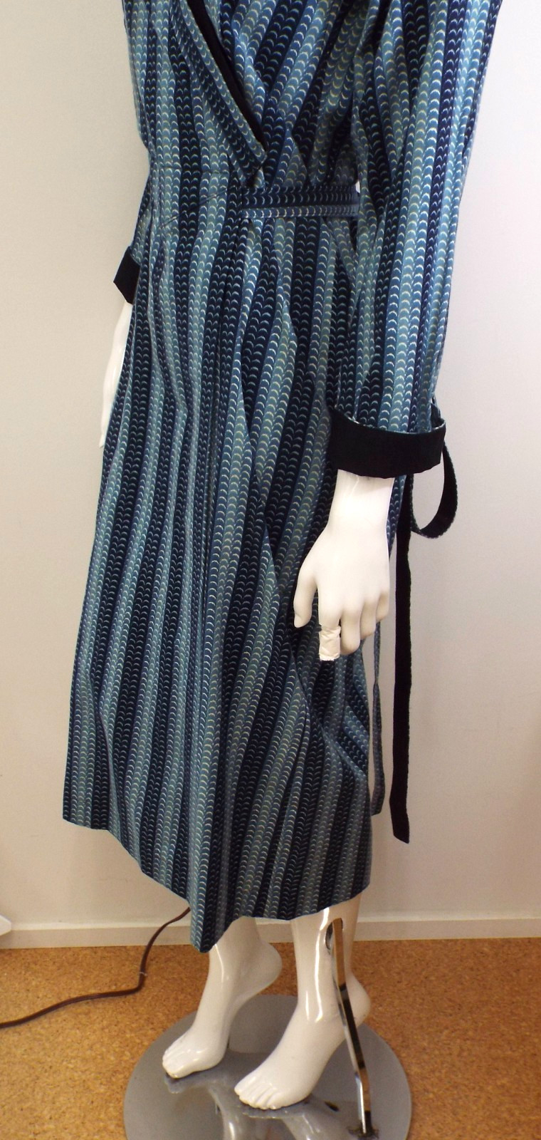 Vintage 1970s KENZO Jap Kimono Long Robe Dress 38 Blue Cotton Wrap Front Belt