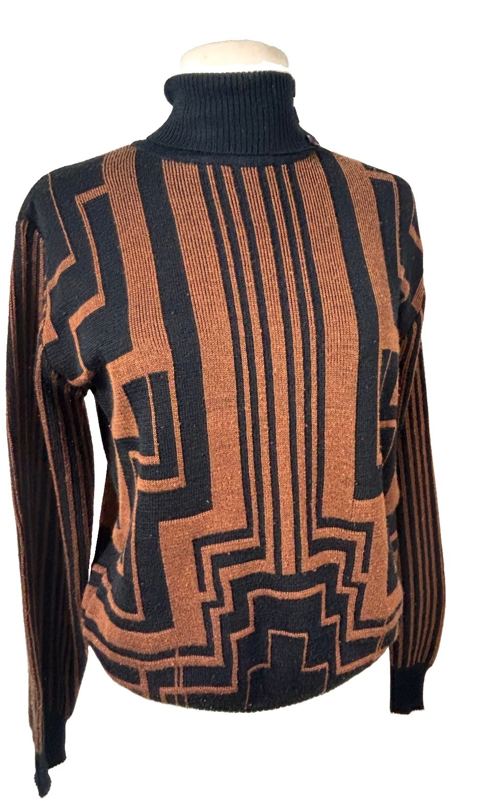 VTG Ackermann Art Deco Sweater Brown Black Geometric Knit Mock Neck Womens Sz 42