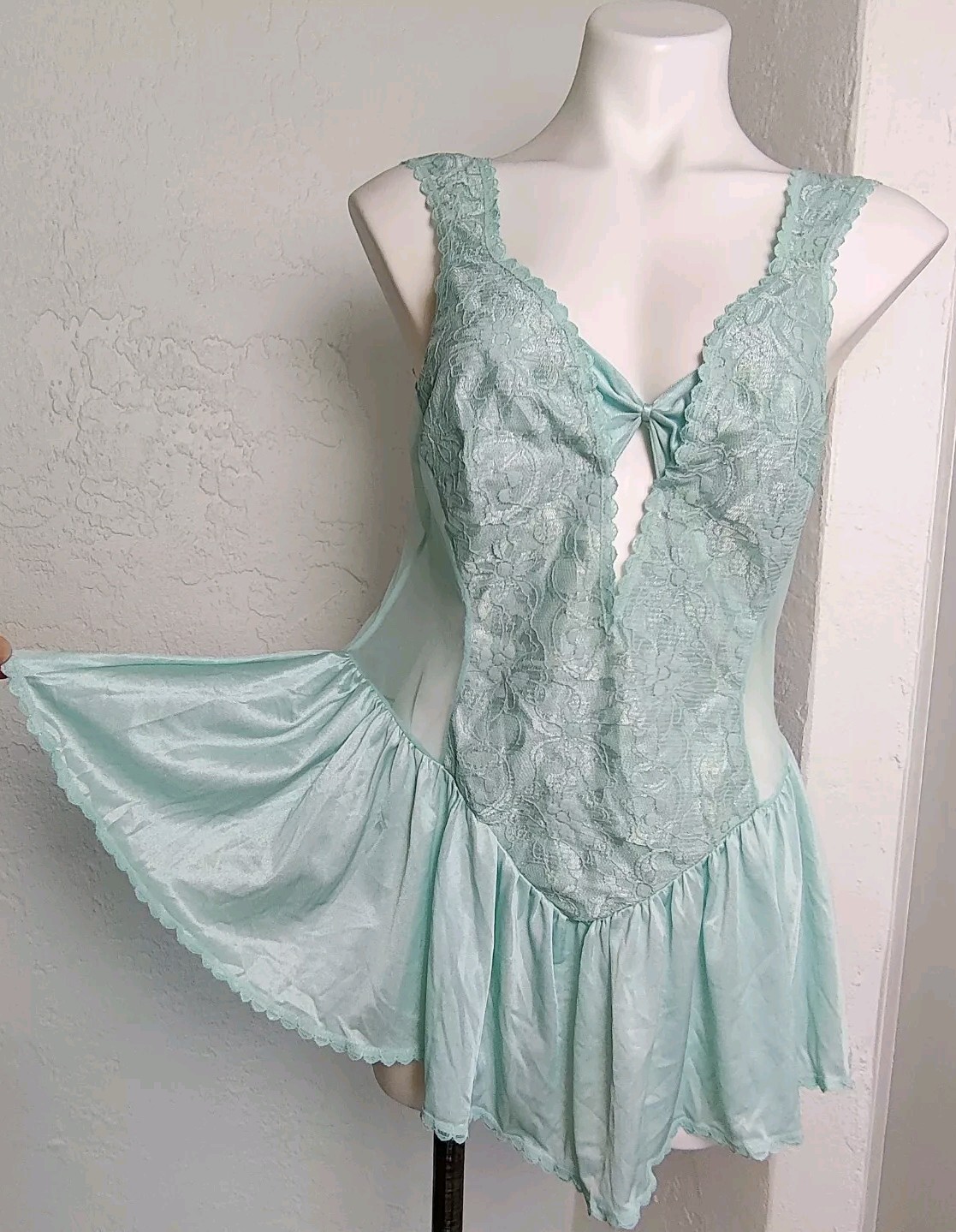 Vintage Alana Gale Large Sexy Babydoll 4663 Nightie Ruffle Lace Chiffon Aqua EVC