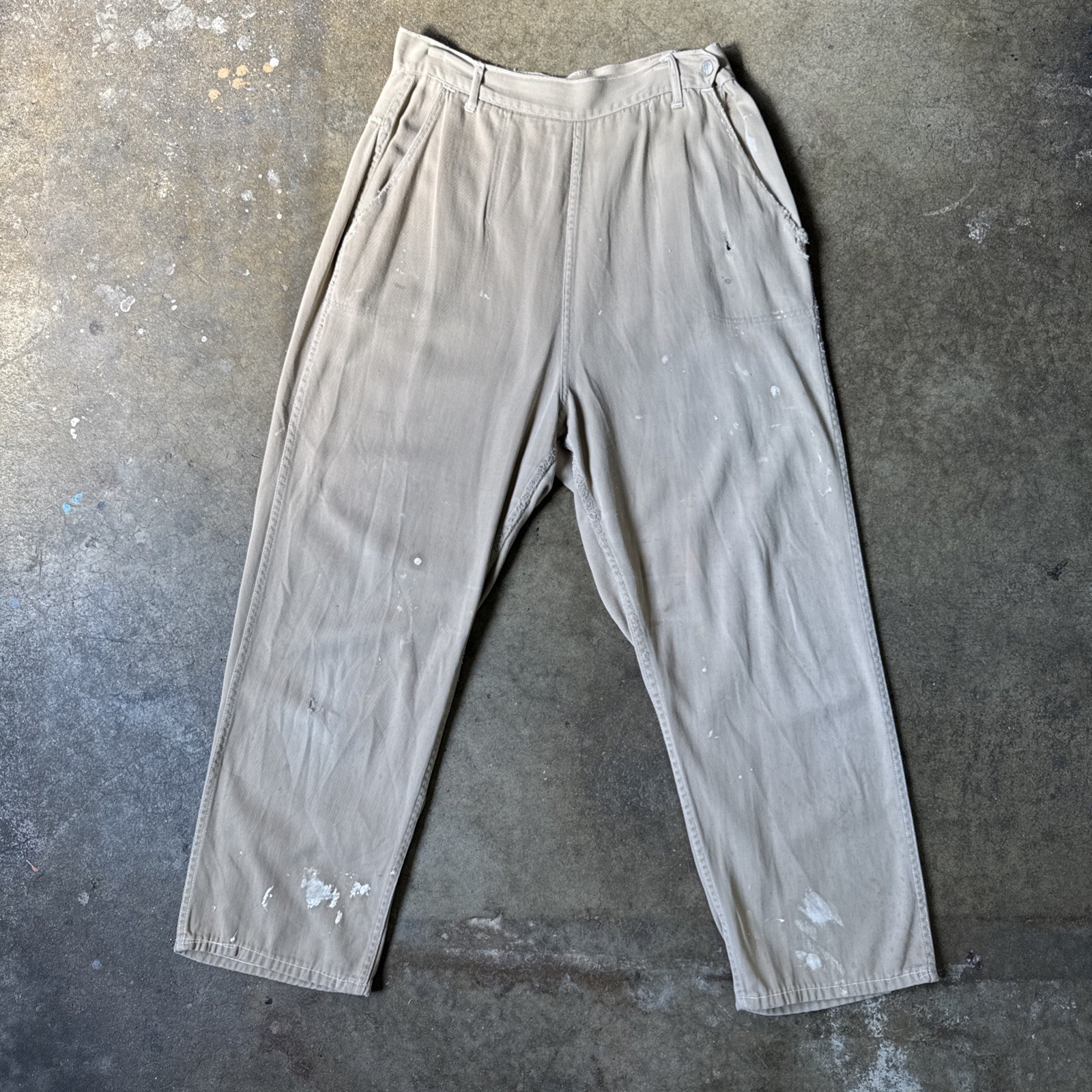 Vintage 1940s 1950s Khaki Pants Side Button High Waist Paint Splatter Sportswear