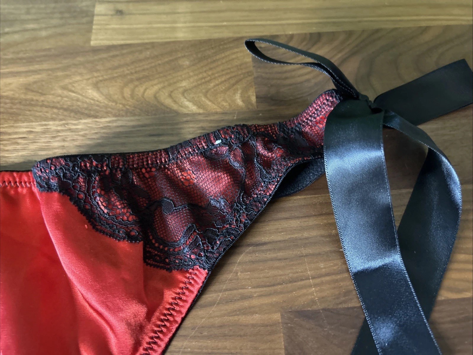 Vintage Cacique Second Skin Panties Thong 18/20 Glossy Shiny Tie Sides Mesh Red