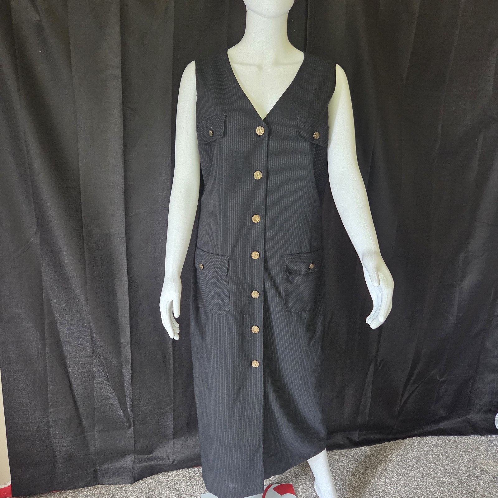 Vintage 90s Black Button-Front Midi Dress Acadmia Cororate Grunge