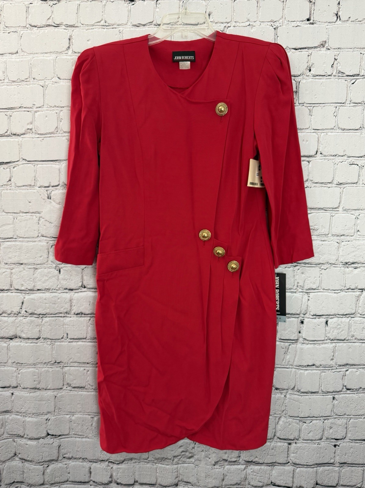 Vtg. 1980s John Roberts Red Wrap Dress with Gold Buttons Shoulder Pads Sz 12 New