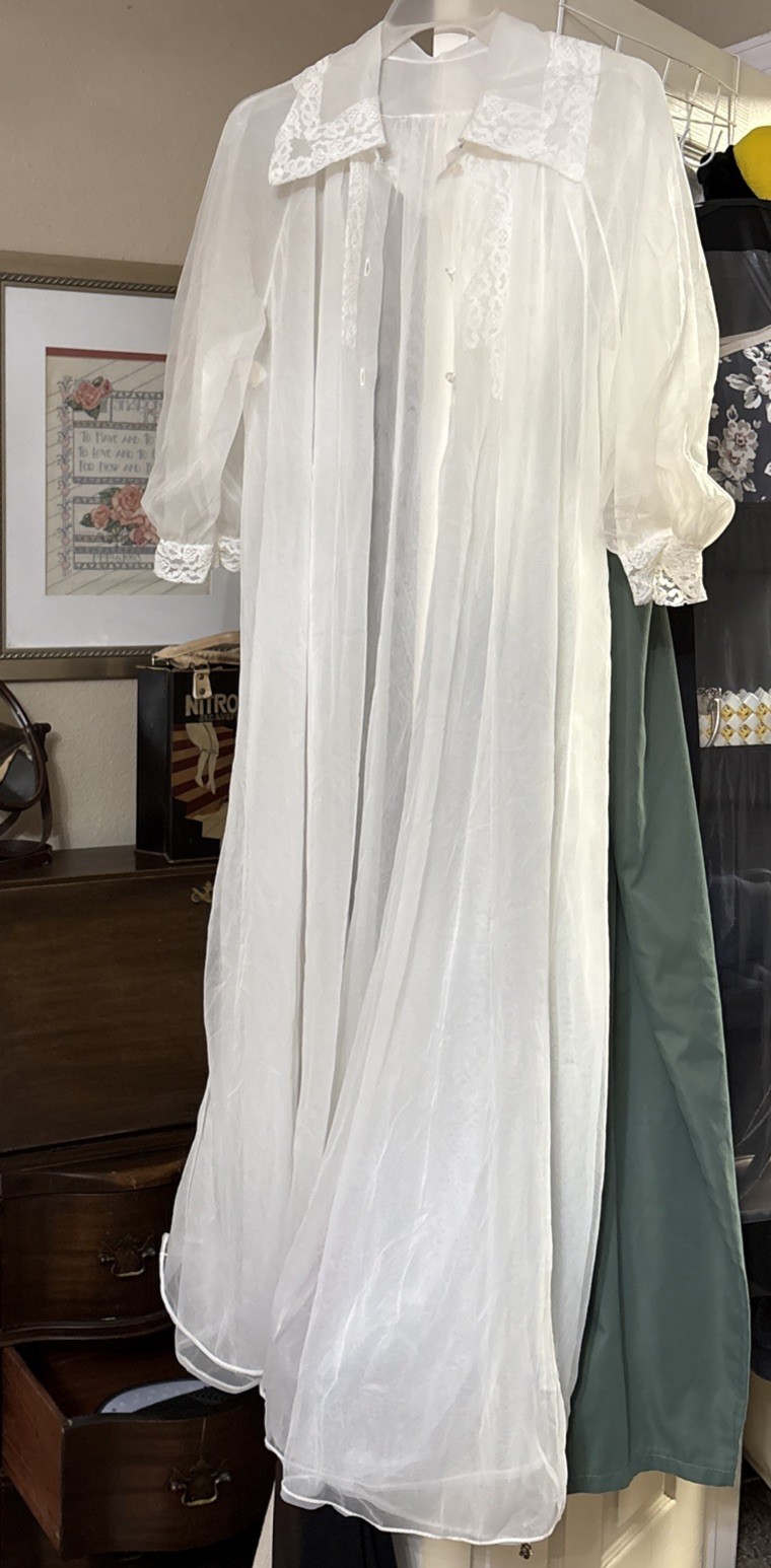 Vtg 60s Texsheen Sheer Peignoir Robe Nightgown White Lace Trim S