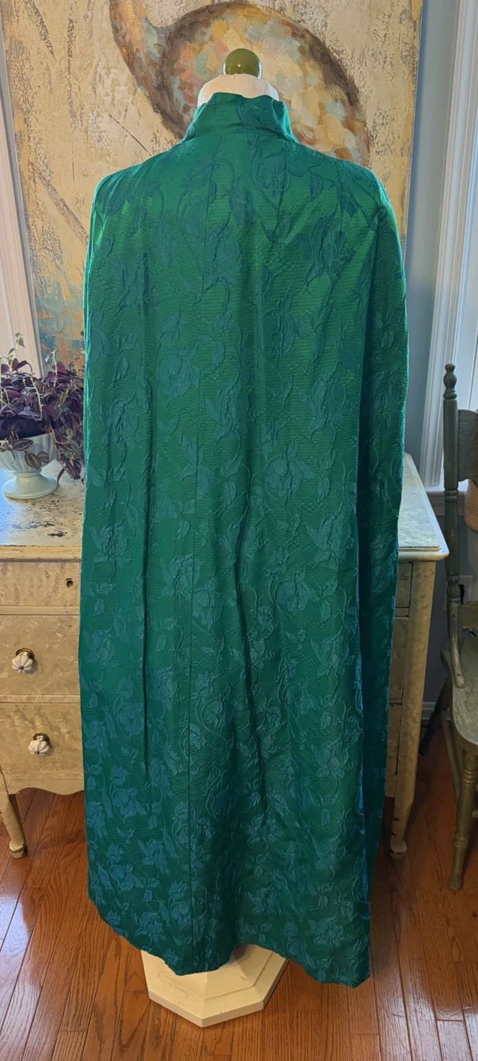 Vintage Custom Tailored Teal Green Blue Jacquard Floral Long Opera Cape-One Size