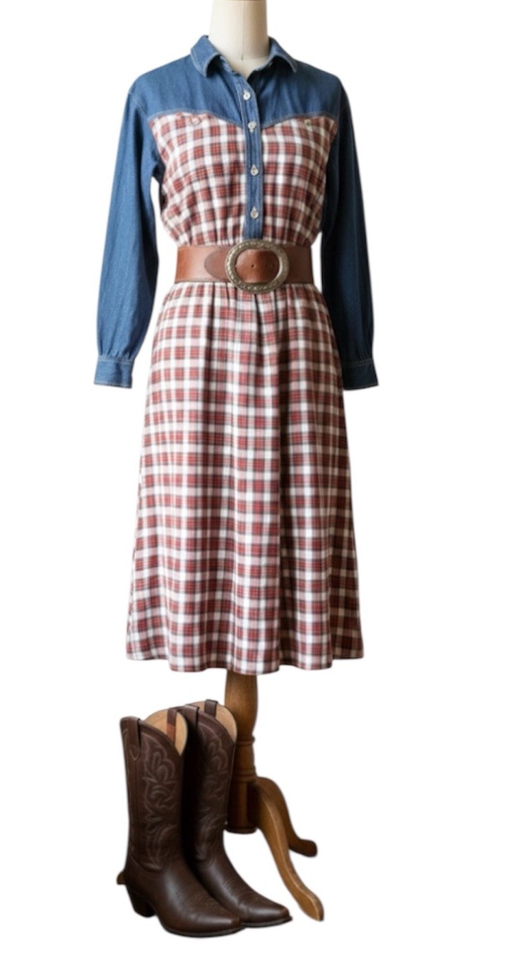 Vintage Carol Anderson Denim Top Flannel Skirt Dress Western Midi Size 11-12
