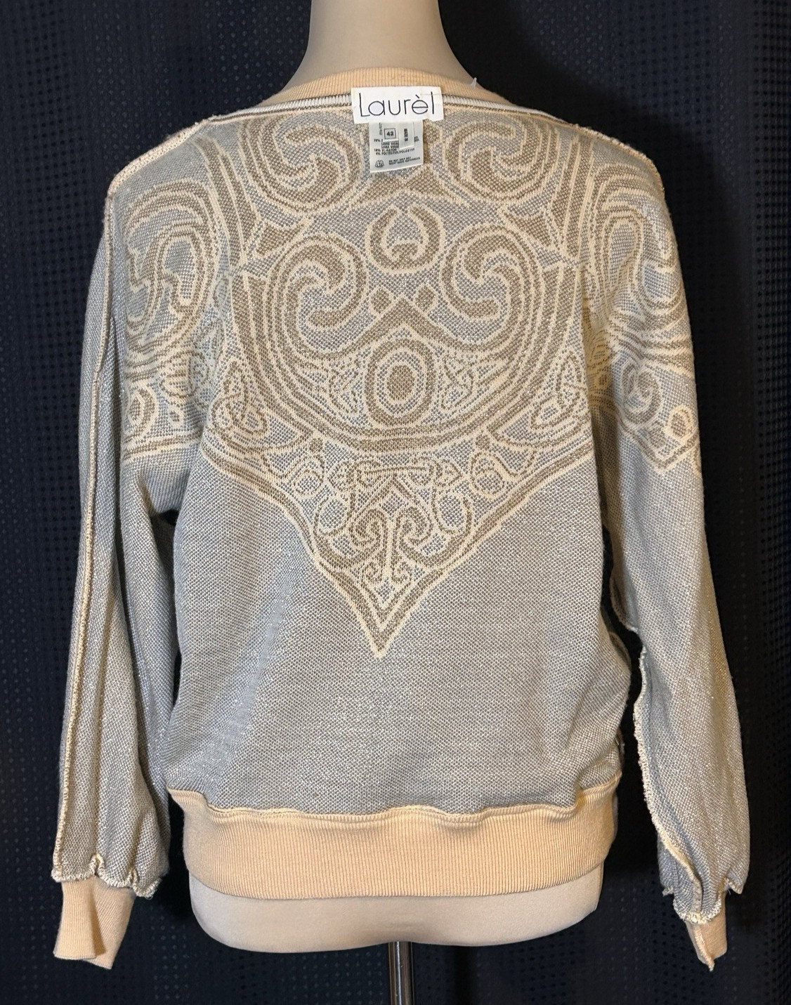 Vintage Escada Laurel Light Peach Geometric Metallic Thread Sweater Womens M