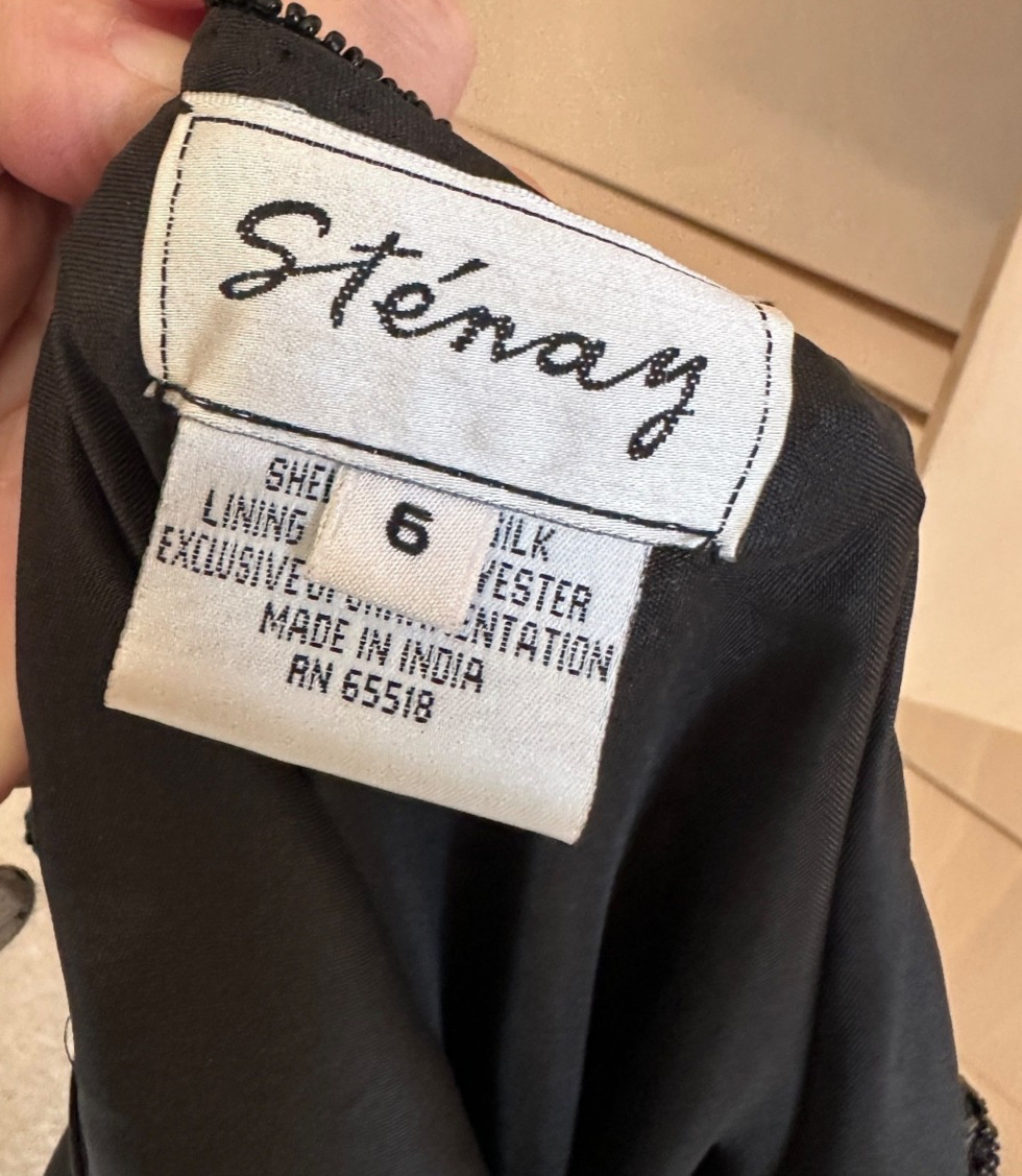 Vintage Stenay 100% Silk Fully Beaded Black Maxi Dress Size 6 Evening Gown 36&Prime; c
