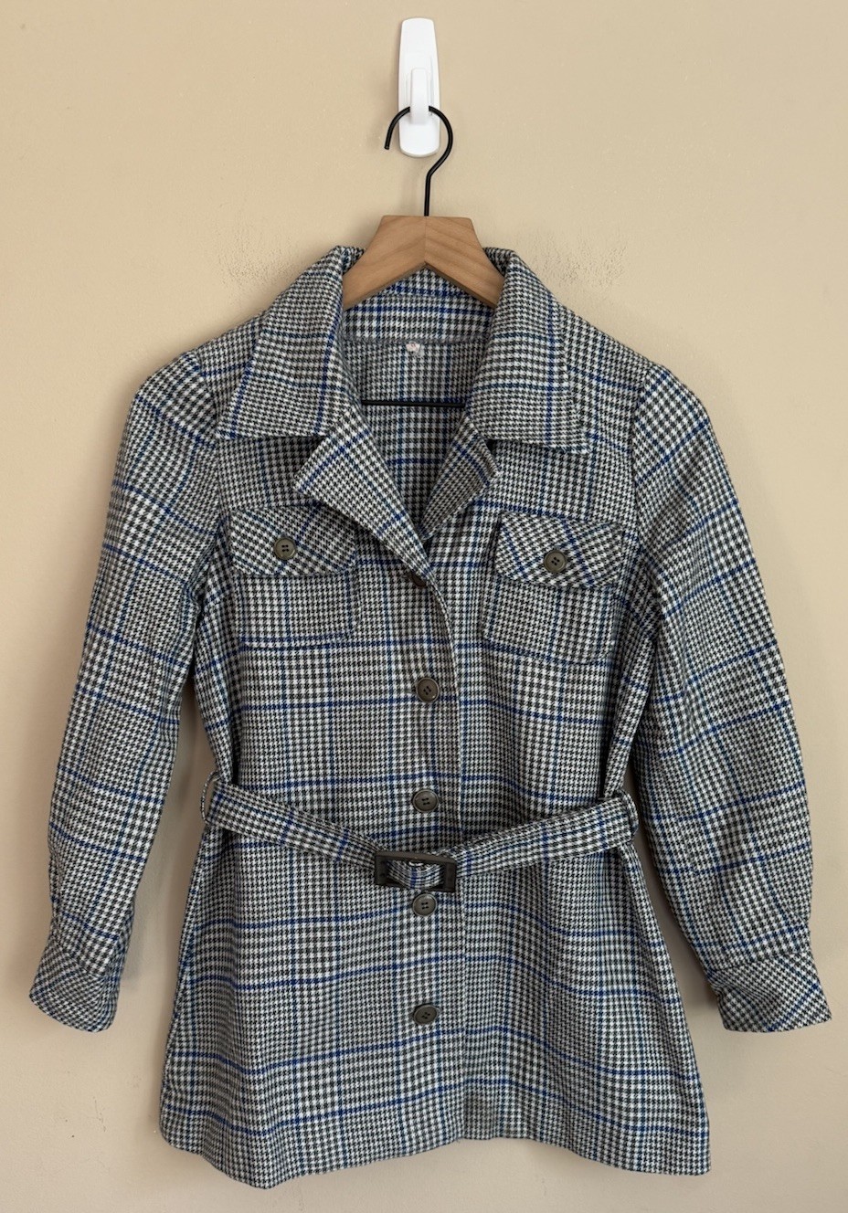Vintage Jacket Wool 60s 70s Houndstooth Belted Blazer Womens Size Small