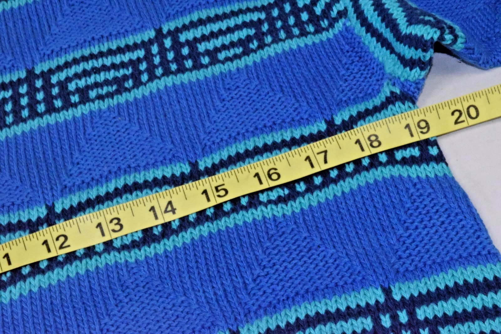 Vintage Sweater Size S 80s Blue Triangle Weave Boat Neck Wide Shoulders