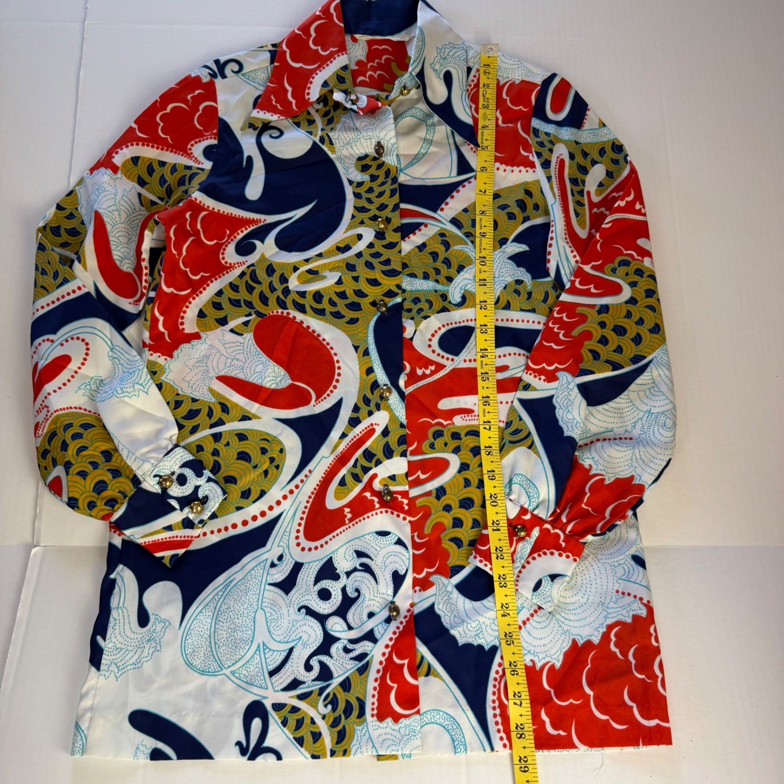 Vintage La Baroque Lady Arrow 70s Psychedelic Print Button Up Shirt Red Navy L