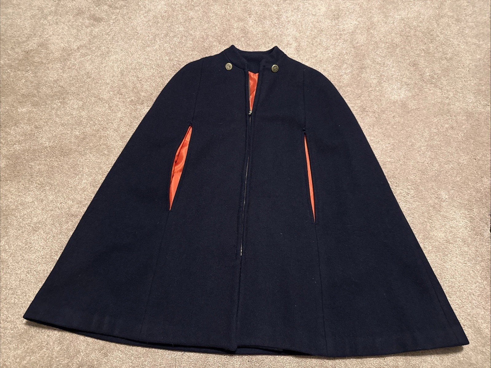 Vintage Malco Modes Blue Wool Zip Nurse Cape Cloak Red Lining Gold Buttons