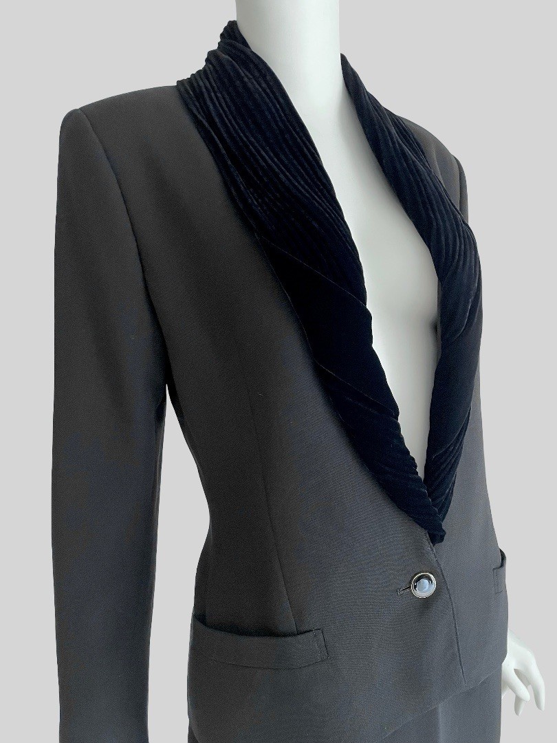 Vintage 1980s Gianni Versace Black Wool Velvet Twist Trim Skirt Suit Set Jacket