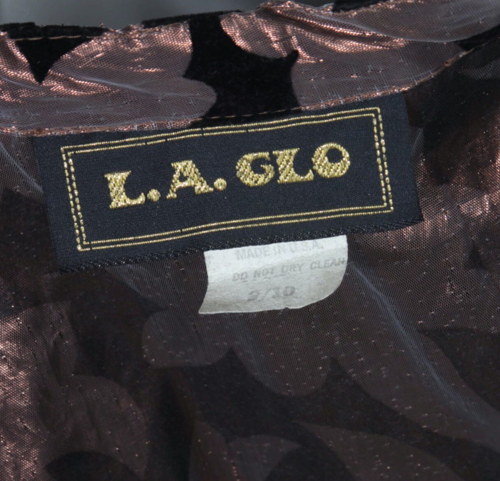 Vtg 80s L.A. Glo Black Velvet Metallic Copper Puff Sleeve Peplum Jacket 9/10 960