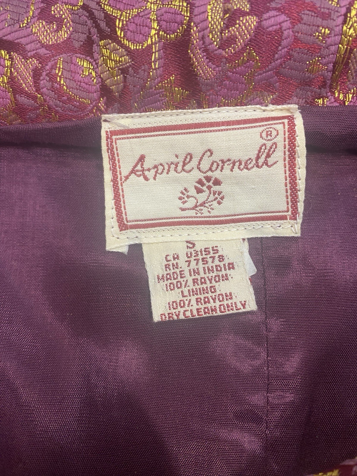 APRIL CORNELL Vintage Top Jacket SIZE SMALL burgundy boho patchwork 90s Y2k