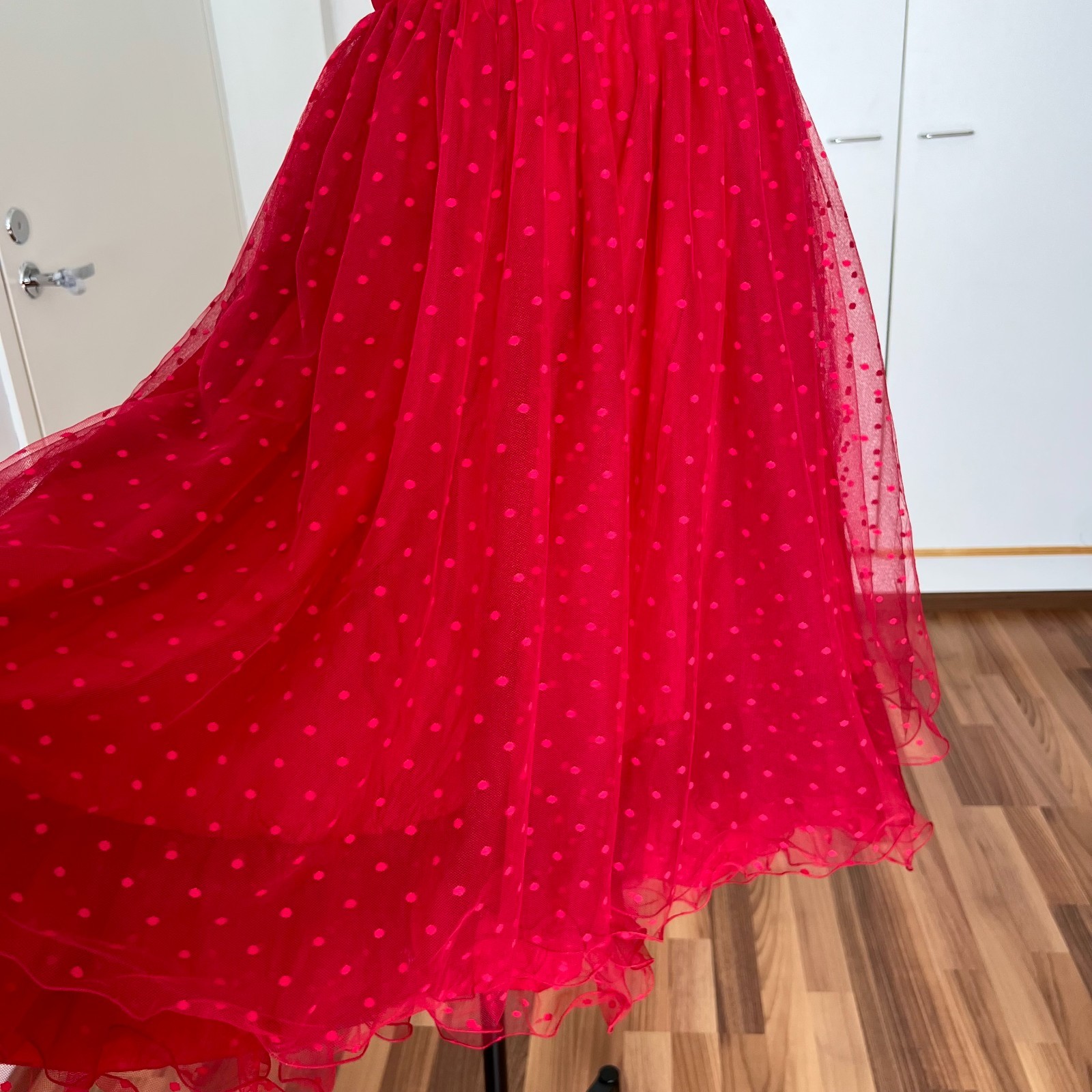 1980s VERA Mont Red Strapless Party Dress Polka Dot Tiered Midi Cocktail Prom