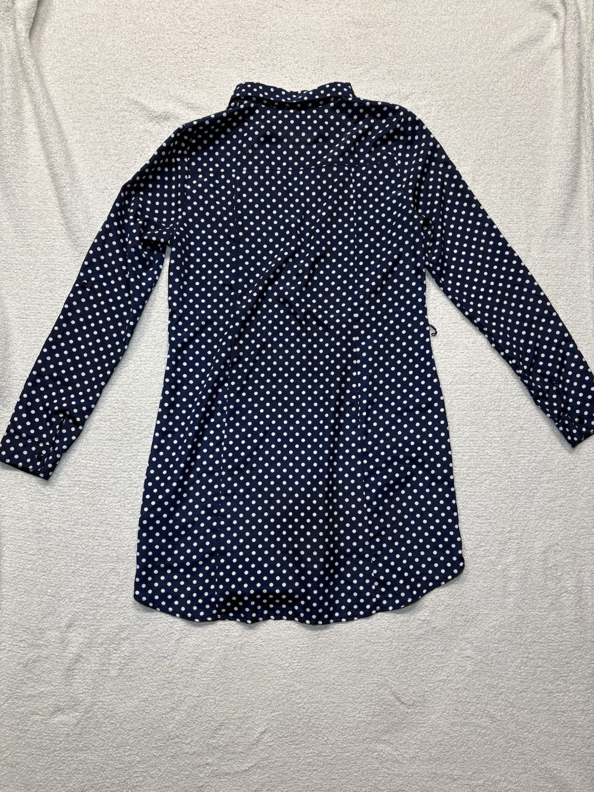 R N B Navy Blue Polka Dot Button Long Sleeve Dress – Size Medium Missing Belt