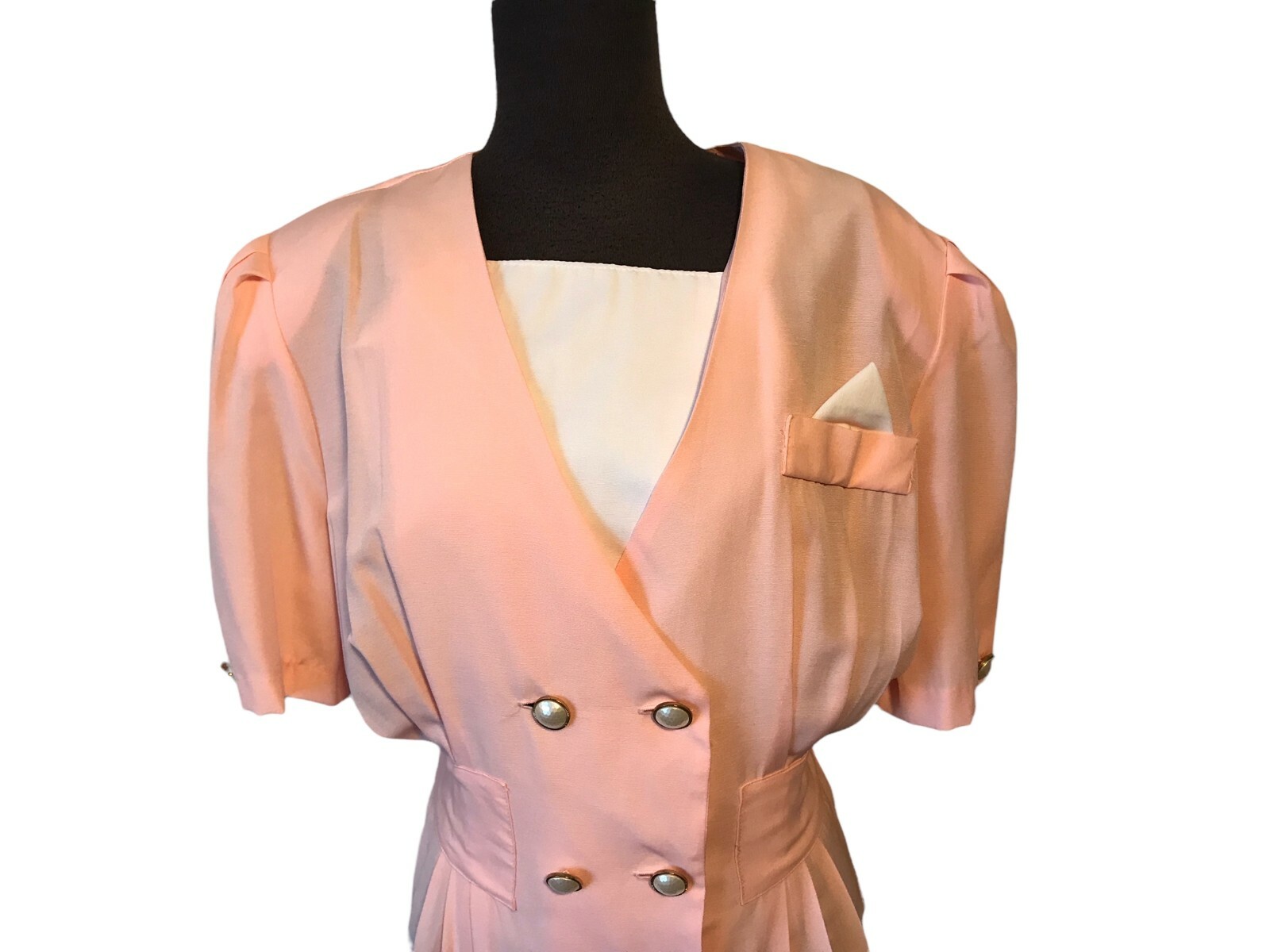 Womens Vintage Spring Easter Church DRESS Pink Button Front Wide Shoulder NWT 12