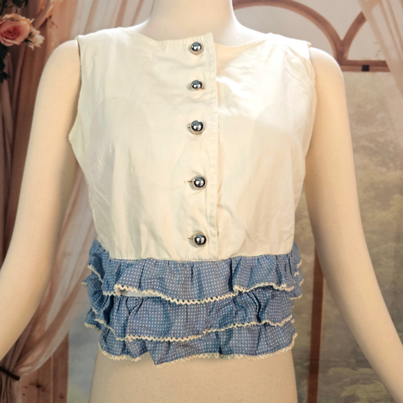 Vintage 1960&rsquo;s 50&rsquo;s Blouse Top Shirt White Blue Polka Dot Ruffled Cropped