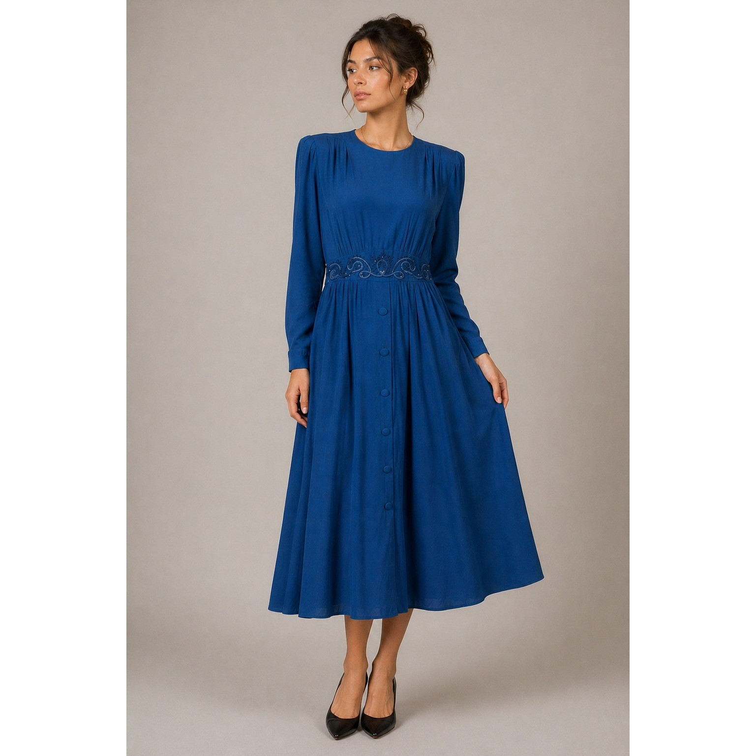 Karin Stevens Petites Vintage Midi Dress 80s 40s Retro Blue Rayon 8/10 M