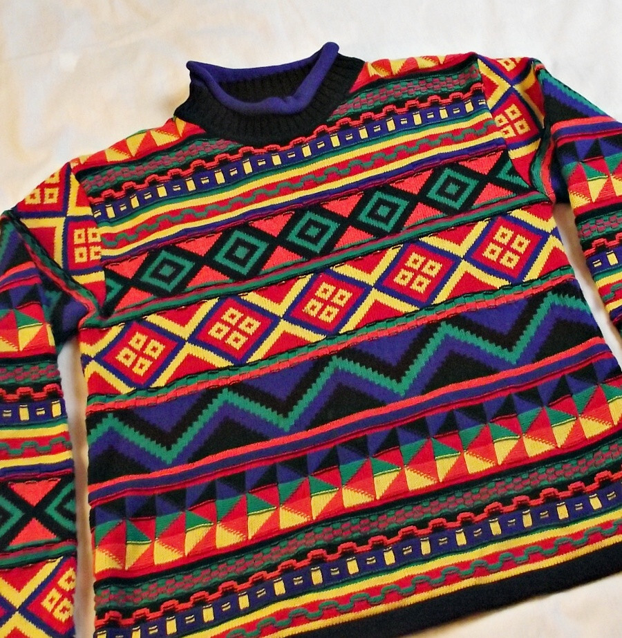 BRIGHT Vtg Rafaella Womens Cotton Coogi Style Sweater Dimensional Mock Turtlenec