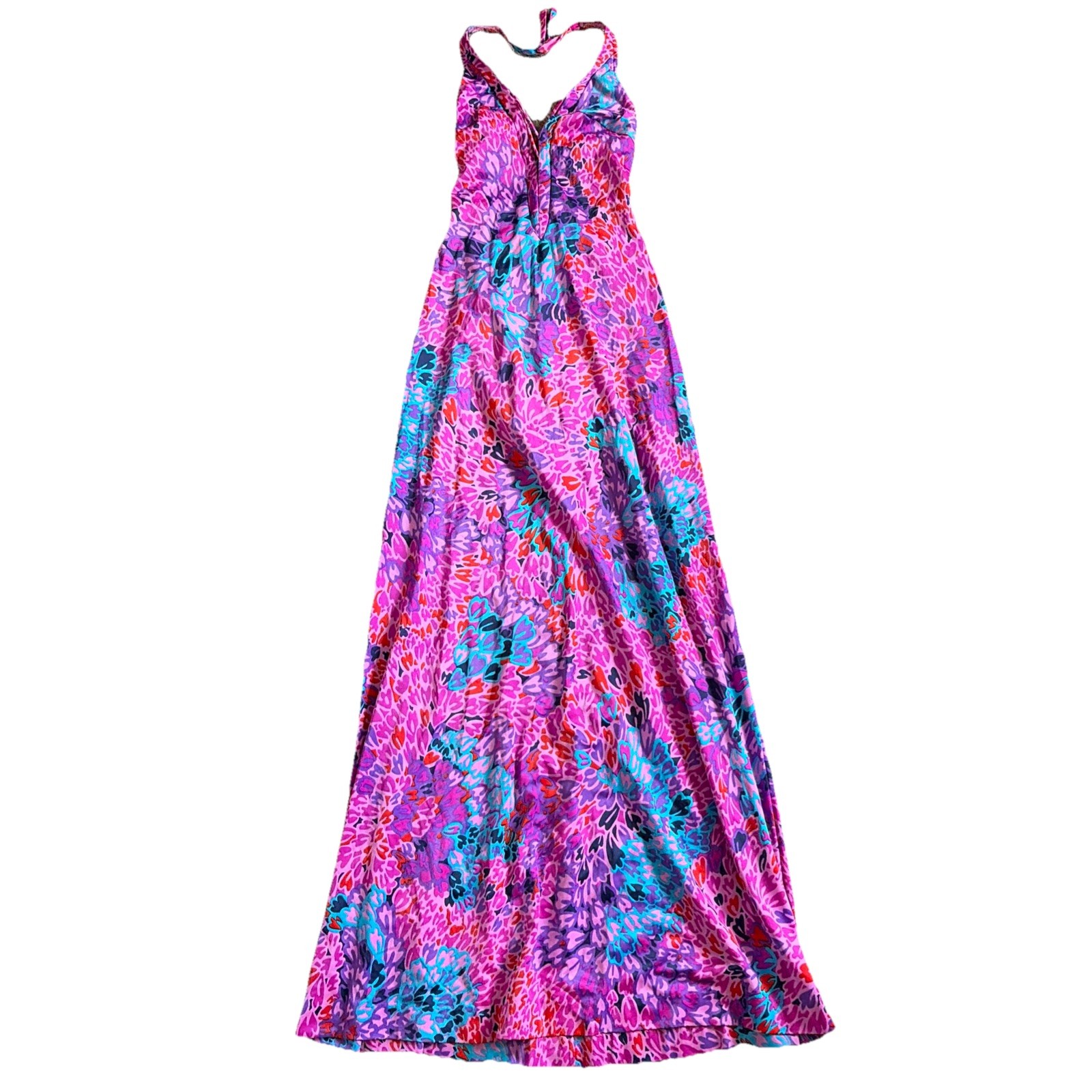 Vintage 70s E-Stewart Maxi Dress Purple Red Psychedelic Print Pool Beach Size 10