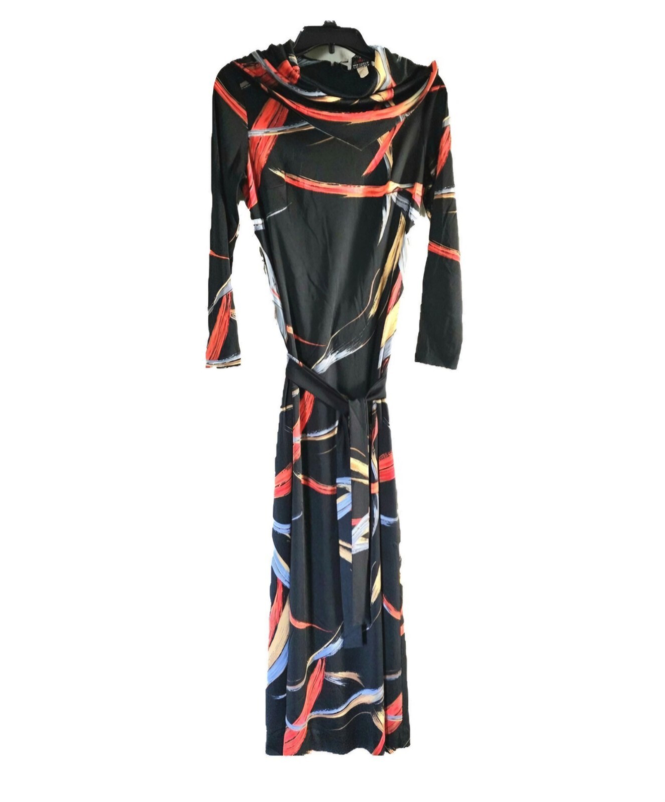 70&rsquo;s Long Dress, Abstract Pattern, Cowl Neck, Black, Red, ILGWU, 38&Prime; Bust