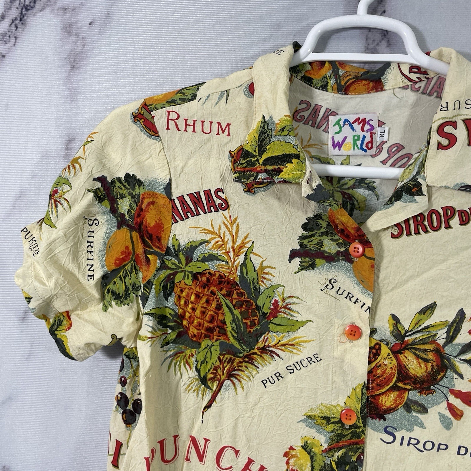 Vtg Jams World Shirt Dress Womens M/L French Fruit-Art Button-Up (REVIEW MEASUR)