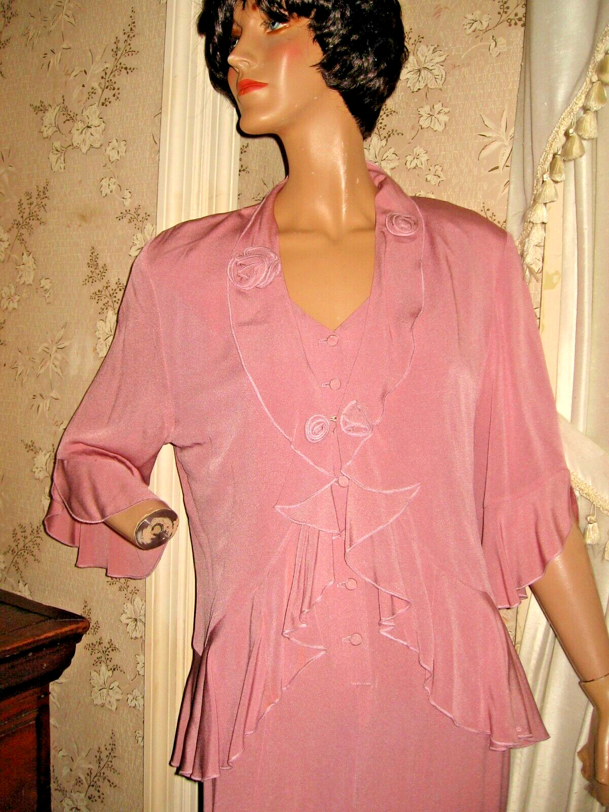LOVELY VINTAGE 1980-90 WILD ROSE MAUVE MIDI 2 PIECE OUTFIT – DRESS -JACKET