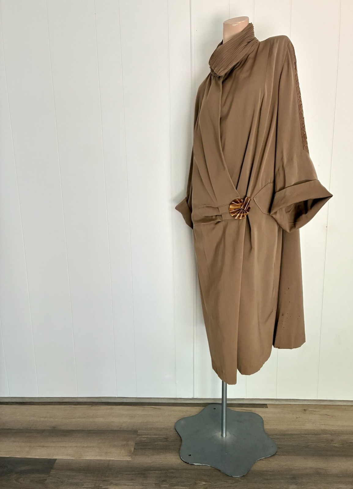 1920s Art Deco Brown Wool Gabardine Cocoon Coat Sz S-M-L