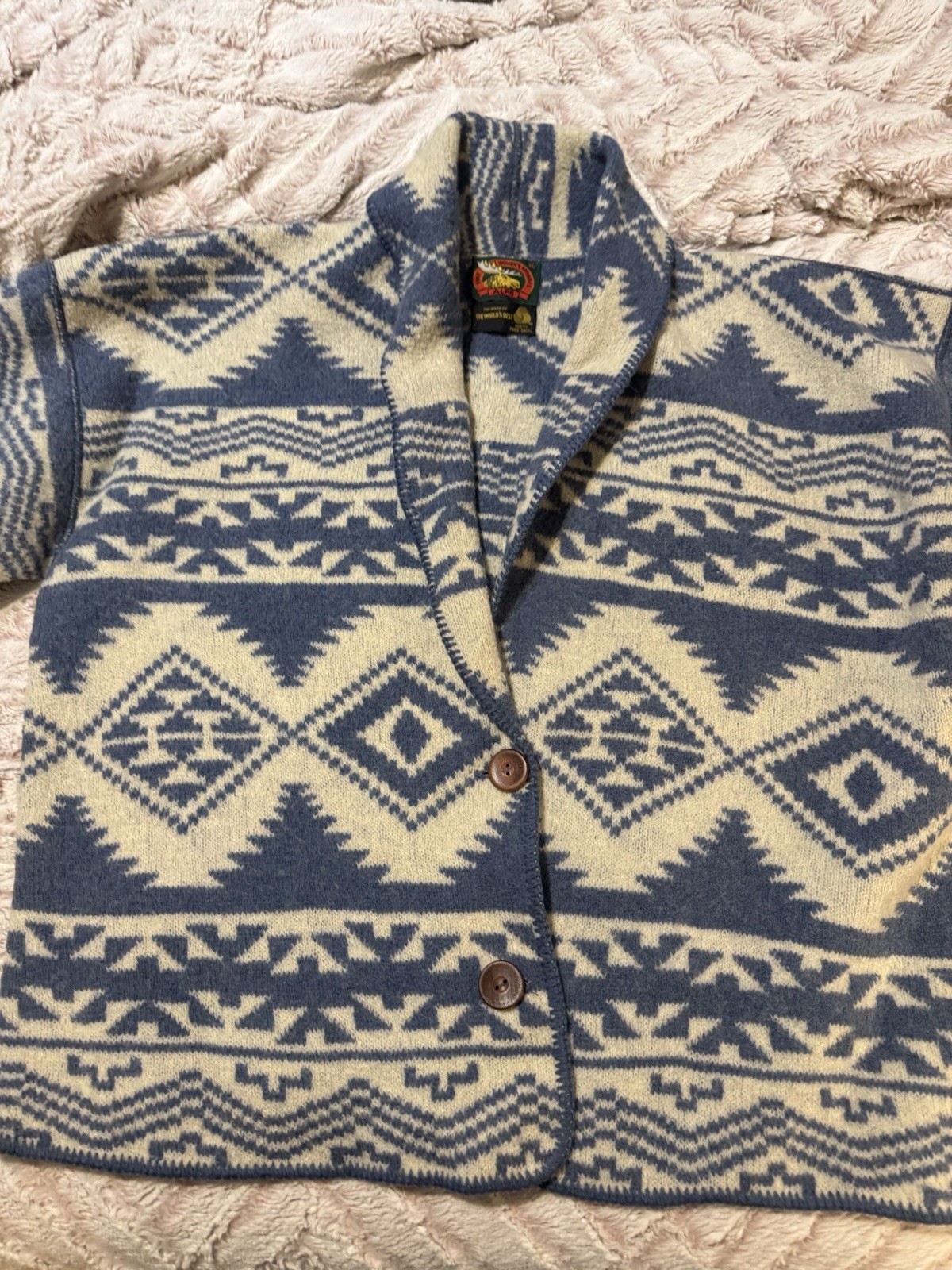 VTG Alps Fine Womens Apparel 100% Pure Wool Felted Blue/White Wood Buttons Sz xl