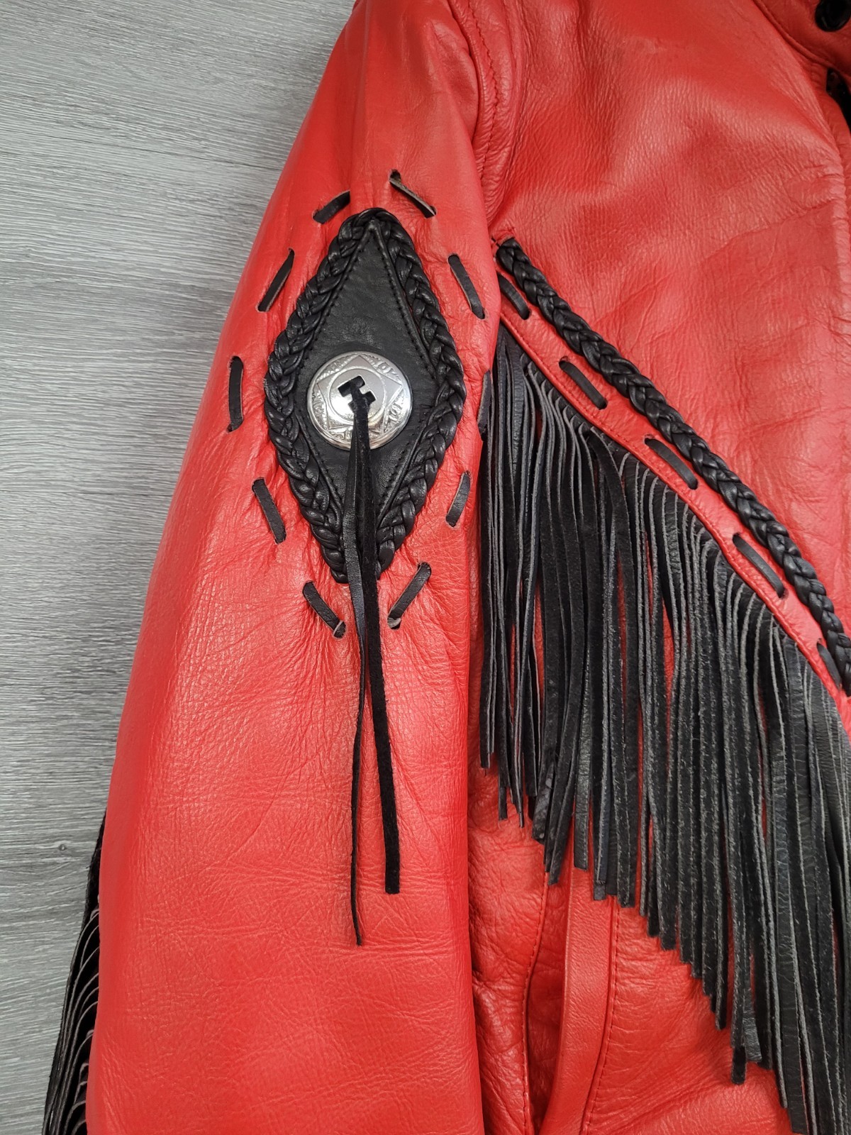 WOMENS VINTAGE LEATHER MOTORCYCLE JACKET UNIK RED FRINGE LACE UP WESTERN LARGE
