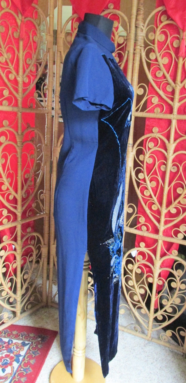 Vietnamese Cheongsam Midnight Blue Velvet Dress Polyester Glitter Special Occa