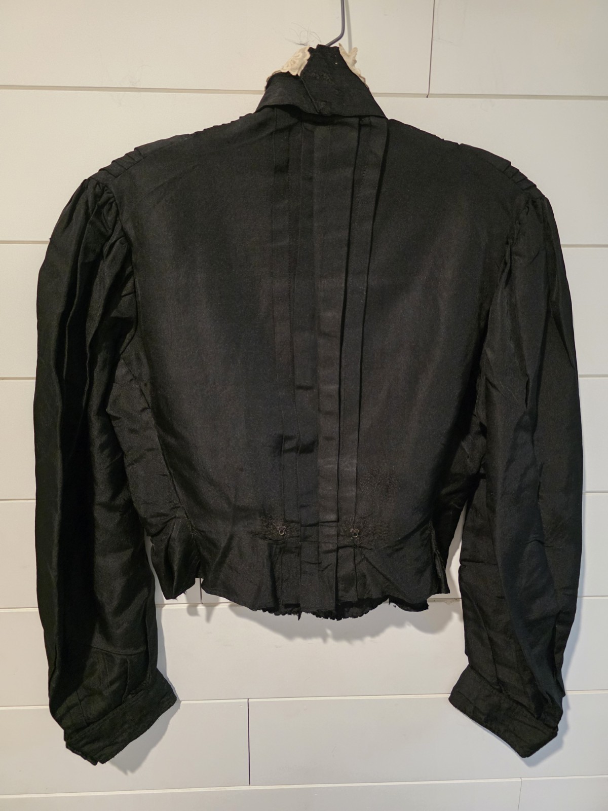 Antique 1890s Victorian Black Silk Mourning Bodice Blouse High Neck Pleated Lace