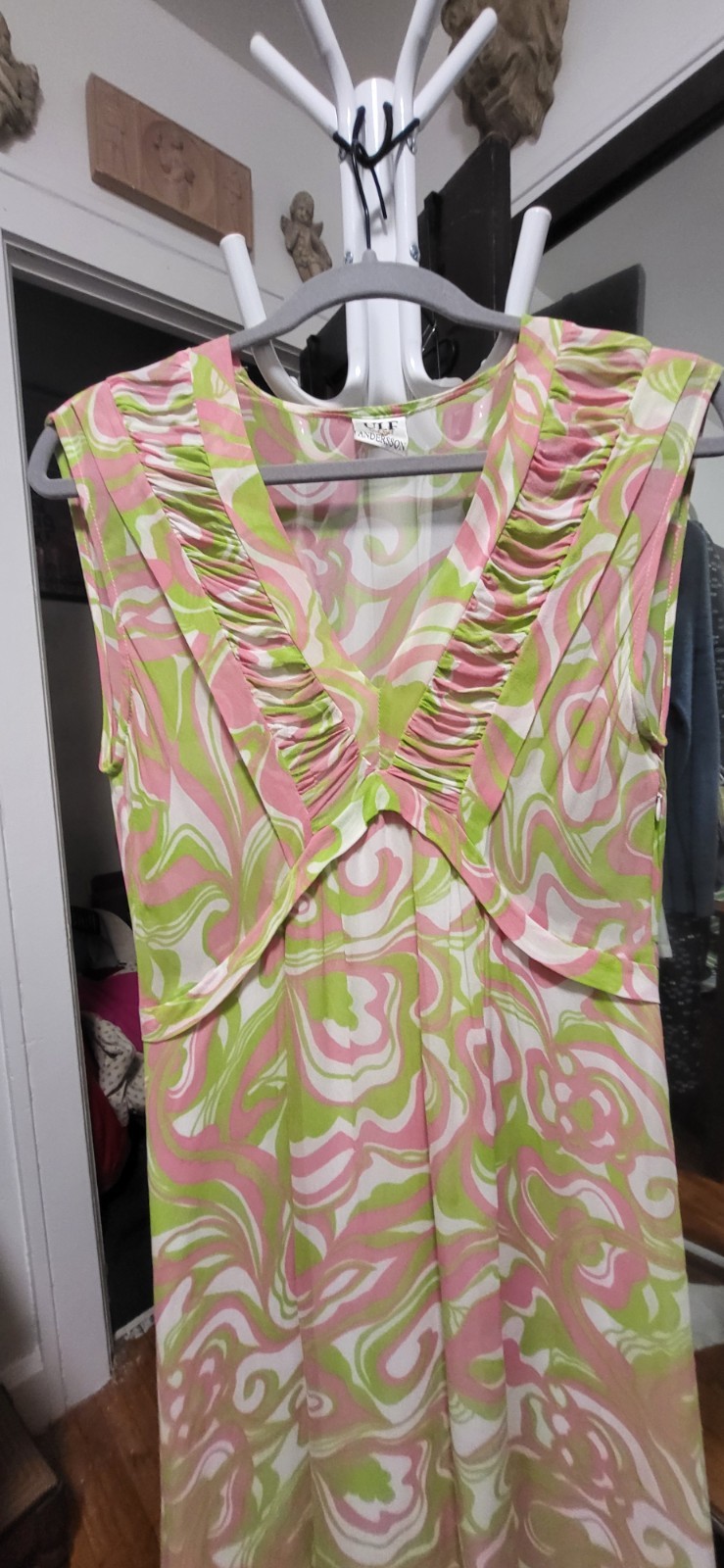 Vintage? Ulf Andersson MOD Pink Green White Print – Deep V Empire Midi Dress L