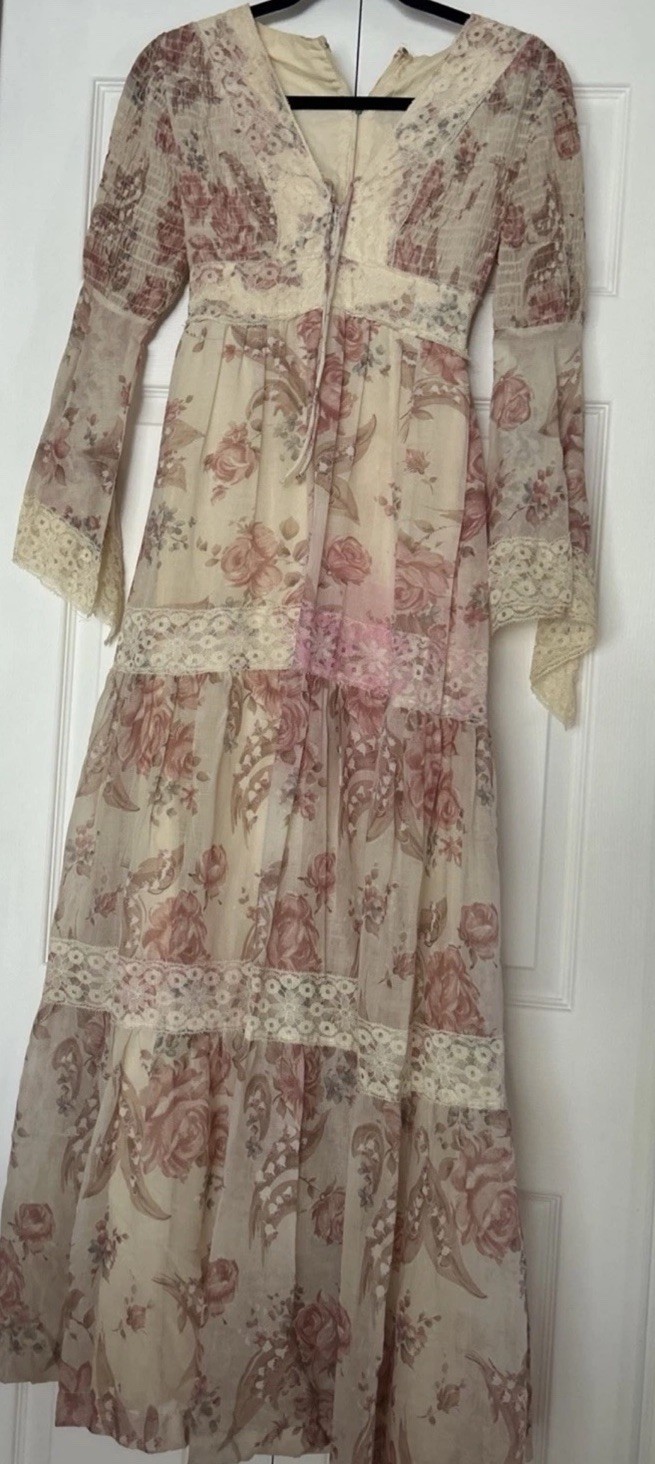Vtg Maxi Prairie Dress Tiered Ruffle Cottagecore Floral Lace 2 Stained