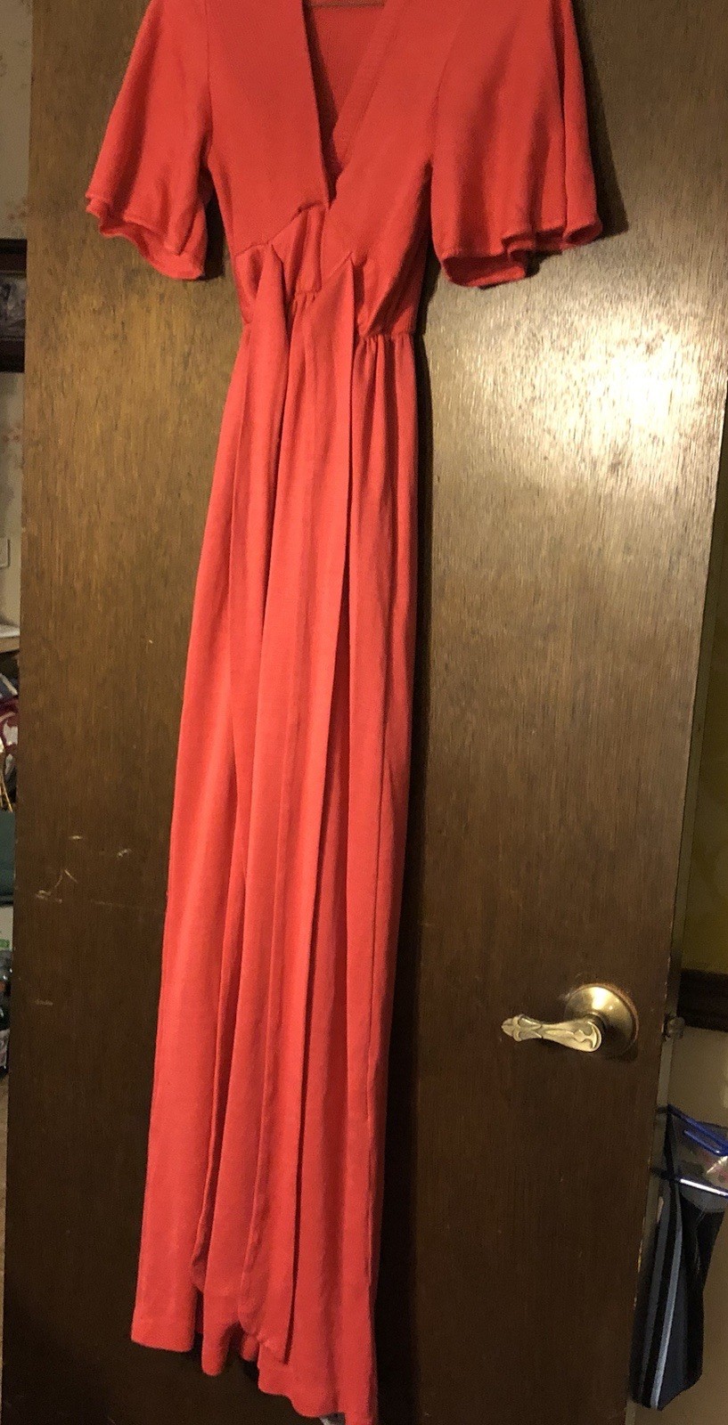 Vintage 70s Women’s Size 7-8 Short Sleeve V-neck Knit Hubba Hubba Dress 55” Long