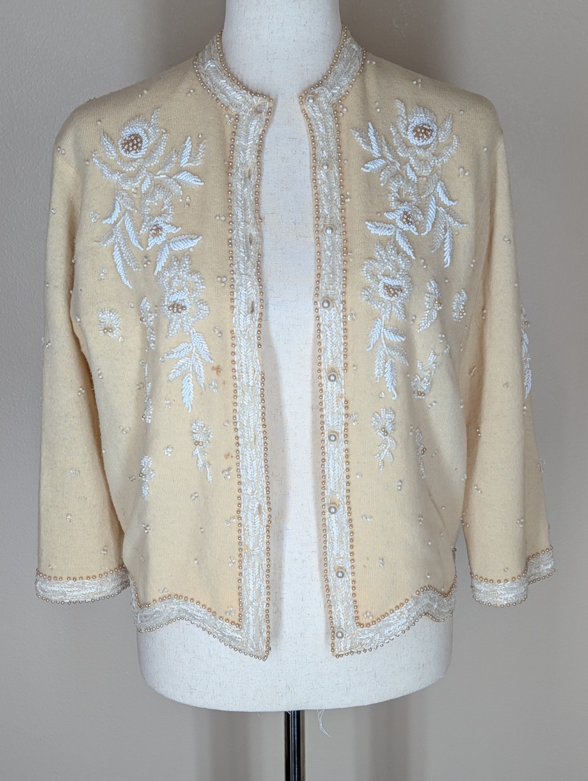 Vintage 1950s Hand Beaded Cardigan Cream With White Floral Beading Size Small