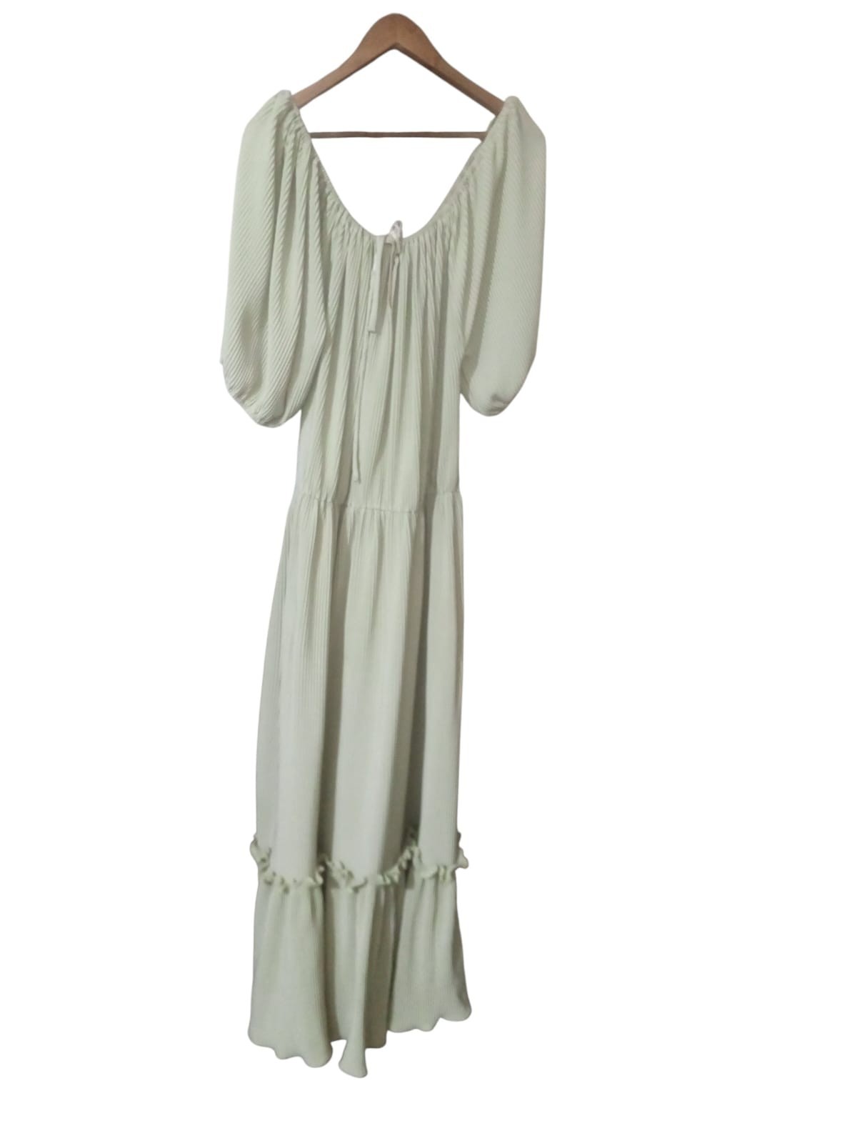 Rare Vintage 1970s Pistachio Green Maxi Dress Off Shoulder Prairie Boho Romantic