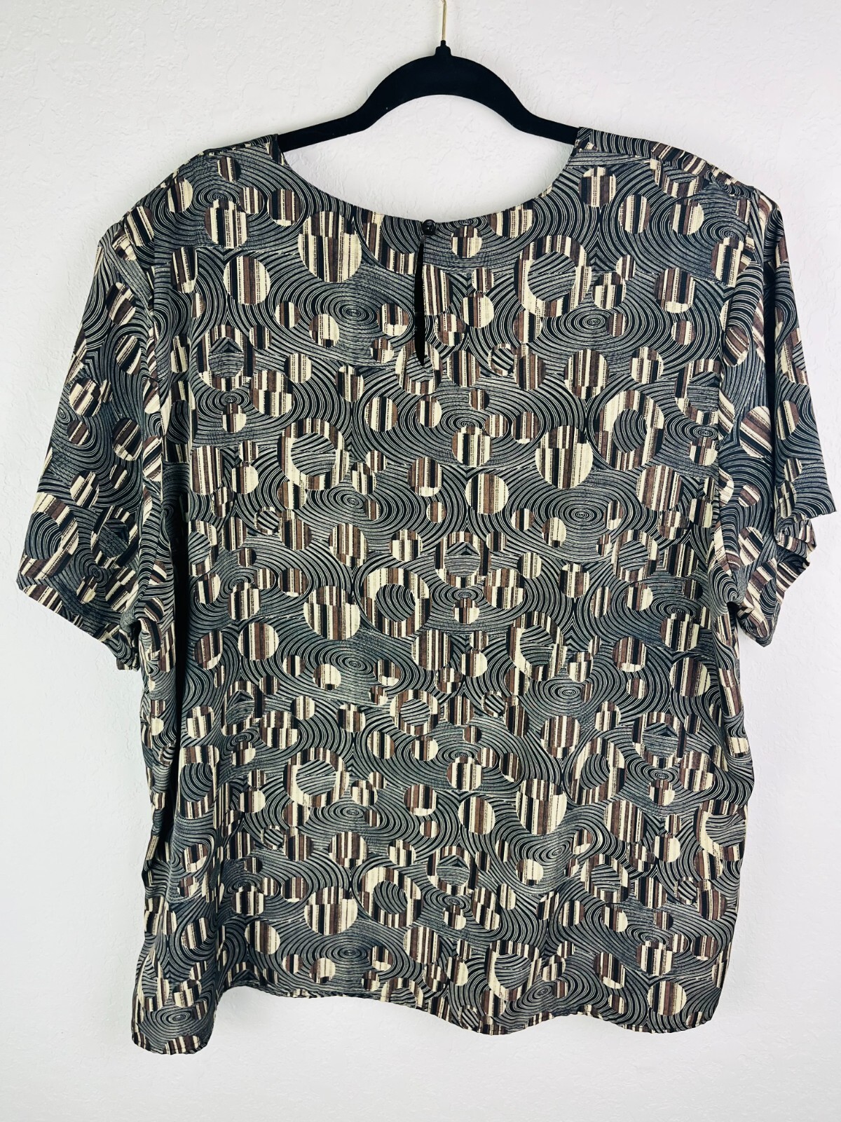 Vintage Truffles Abstract Print Blouse Black Brown Beige Geometric Short Sleeve